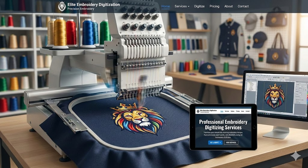 Detail of embroidery machine stitching a lion logo